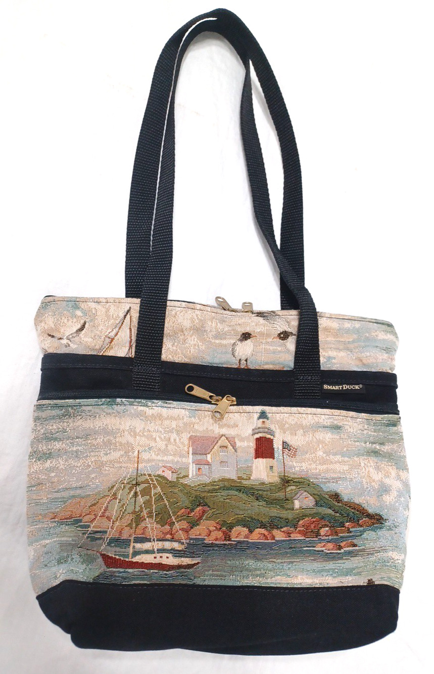 VTG Smart Duck Lighthouse Nautical Tapestry Zip Tote Bag 10x10x5 USA